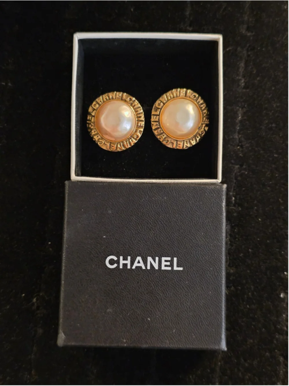 Chanel 24K Gold Plated Spell Out Pearl Clip Earrings 1983 - Picture 7 of 7